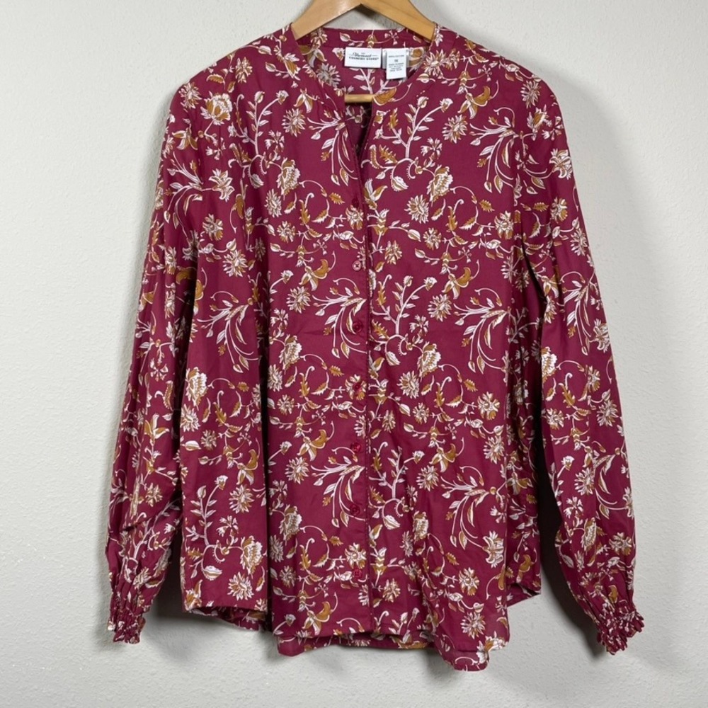 Vermont Country Store Blouse Women 1X Burgundy Floral Cotton Boho Cottagecore